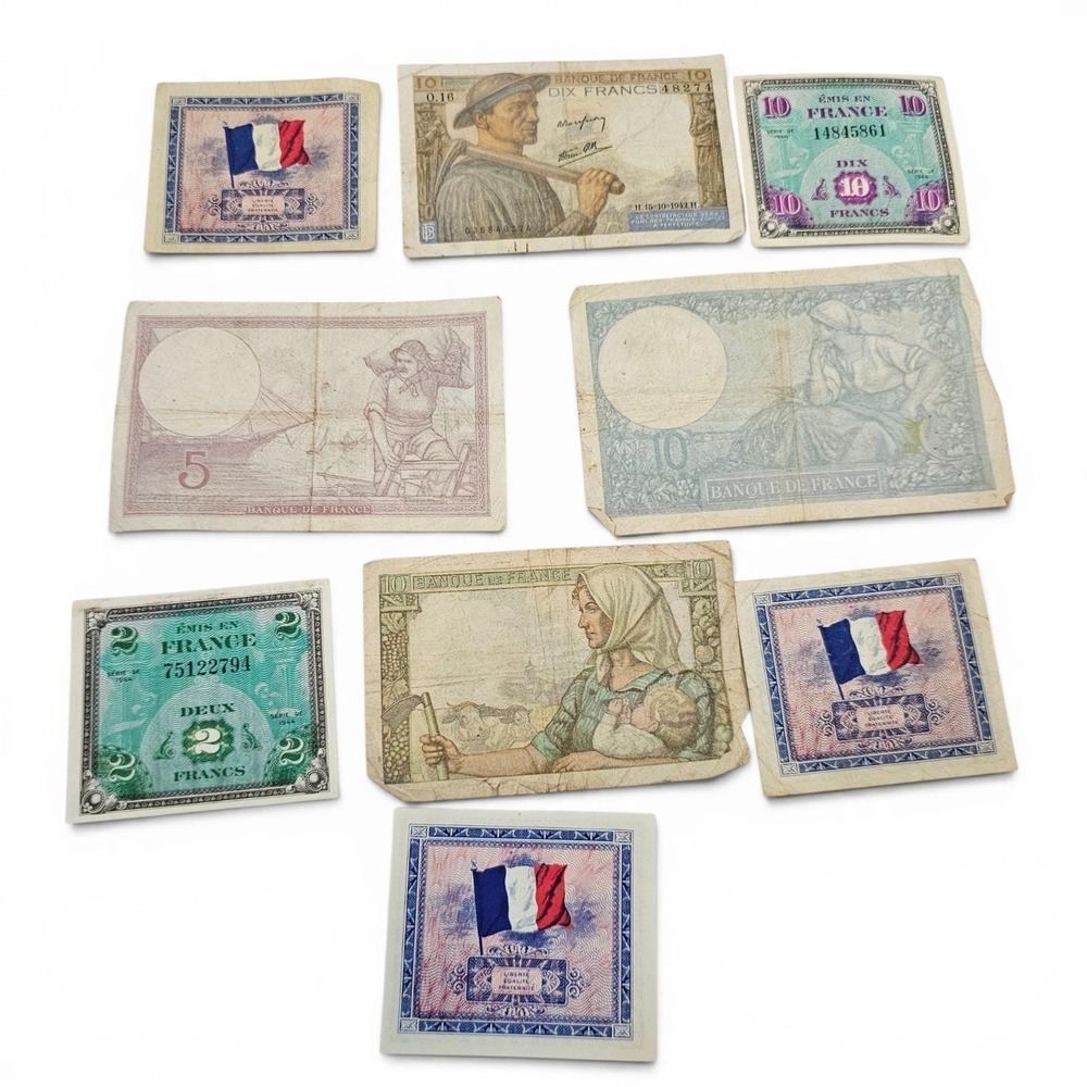 WW2 Era Banknotes 1944 Allied Military Currency, 10 Francs Minerve 1941 Mineur
